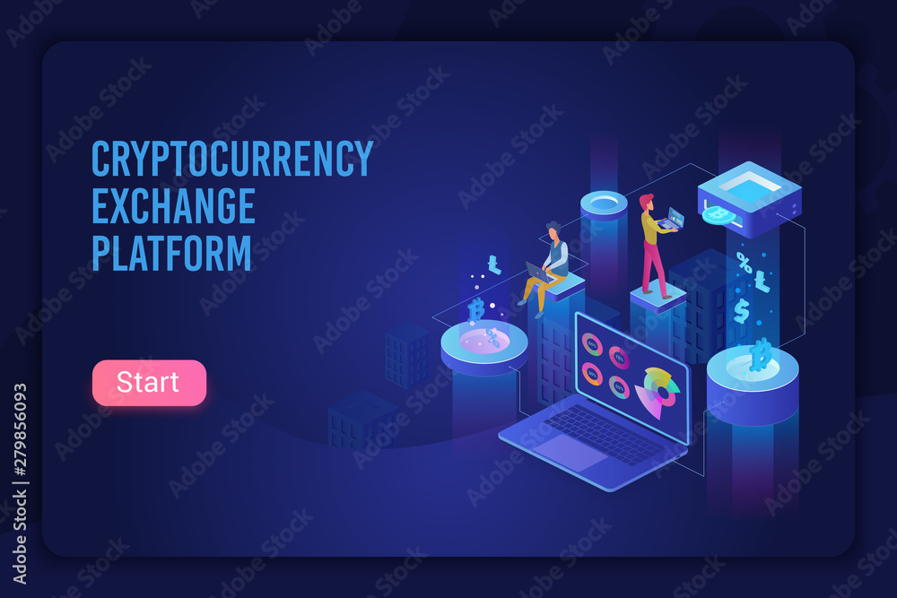 Poster Cryptocurrency exchange platform dark ultraviolet light landing page vector template. Bitcoin financial transactions, e billing service website. Crypto mining, blockchain 3d concept. 