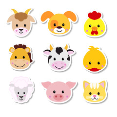 Cute set of cartoon animals stickers. Vector illustration farm animals