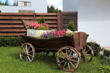 Fototapeta na wymiar A flower bed stylized as a cart.
