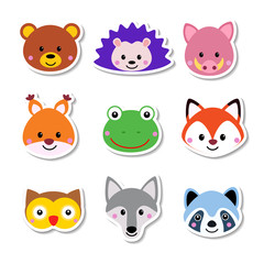 Cute set of cartoon animals stickers. Vector illustration forest animals