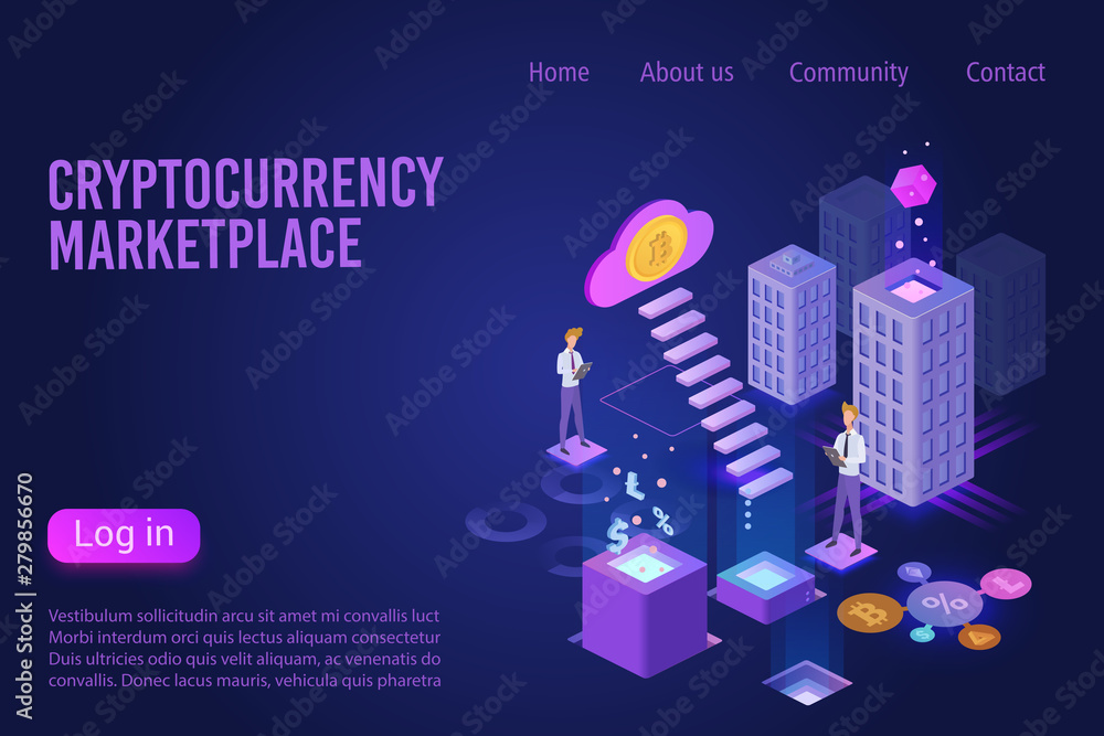 Aufkleber cryptocurrency marketplace landing page isometric vector template. blockchain technology, network bu