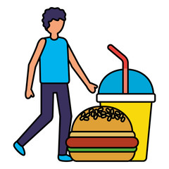 man with burger and cup soda