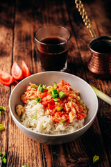 Scrambled eggs with tomatoes, fresh leek and white rice