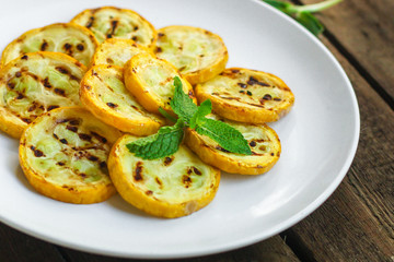 grilled zucchini (snack or salad). top food background. copy space