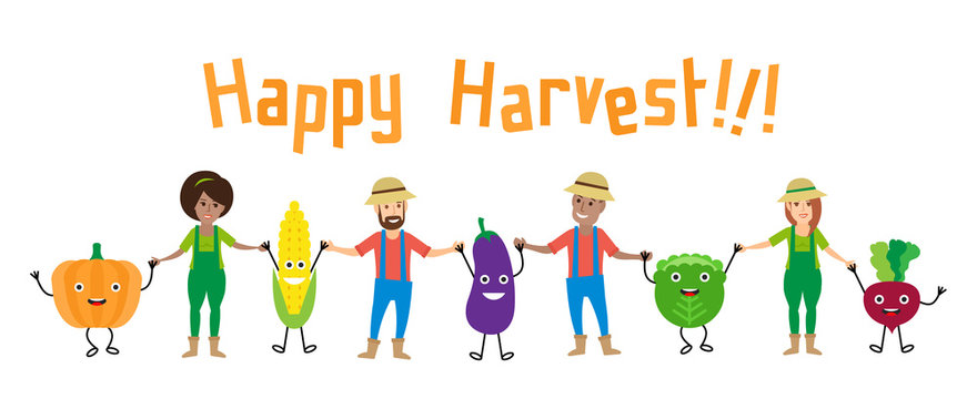 happy harvest. farmers and cartoon vegetables holding hands on white background