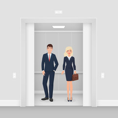 Office business people couple in formal clothes suit staying together in modern elevator with open doors vector illustration. © lembergvector