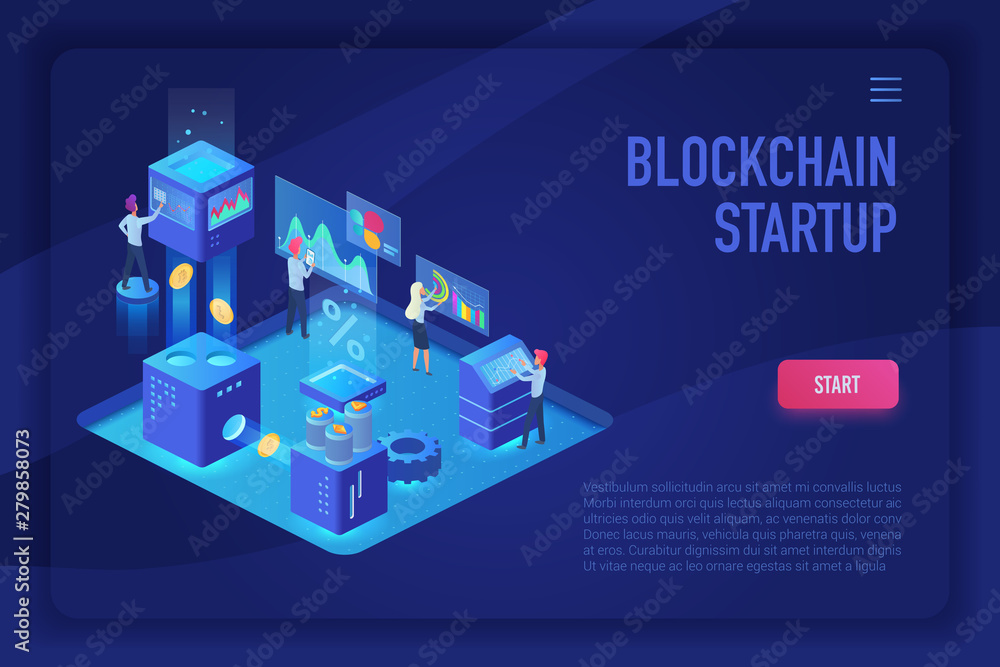 Poster blockchain startup team. cryptocurrency and blockchain isometric ultraviolet light landing page vect