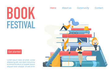 Book festival landing page poster vector illustration. Students man and woman reading, leaning and sitting on big books. Flat design for library, online learning, book store or modern education.