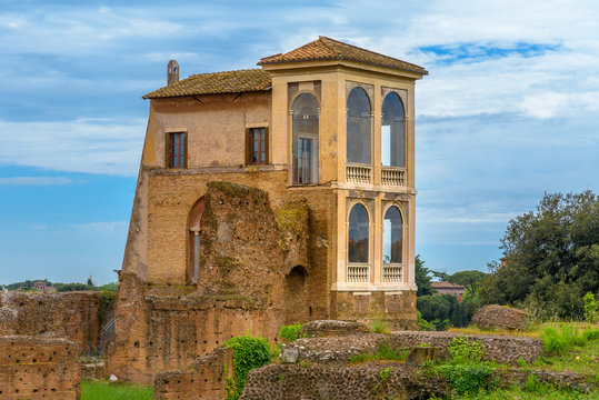 View to ancient Flavian Palace - Domus Flavia- on Palatine hill, Rome, Italy