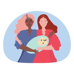 Female couple holding a newwborn baby. LGBT