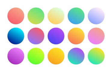 Gradient holographic round sphere button. Trendy minimalist multicolor neon purple blue fluid yellow orange circle gradients. Set of vivid color spheres in modern 80s style