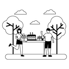 happy woman and man with cake birthday celebration