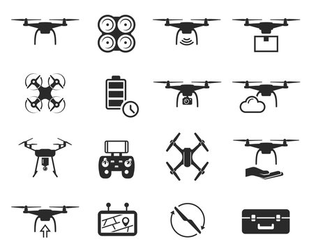 Drones black icon set, helicopter technology and aircraft