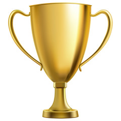 Realistic golden victory cup on white background