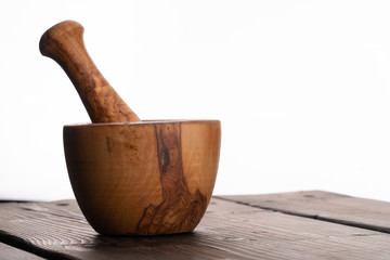 wooden mortar, olive wood, rustic, isolated, vintage