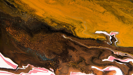 Modern art. Abstract brown and gold mixture stains background