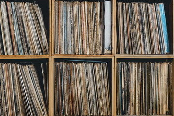 Front close-up of shelf with vinyl records