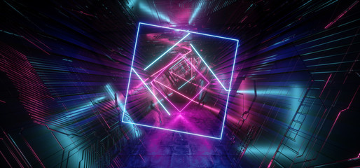 Neon Light Purple Blue Hyper Pentagonal Triangle Detailed Sci Fi Futuristic Alien Spaceship Reflective Metal Corridor Tunnel Gate Empty Glowing Background Modern 3D Rendering