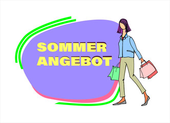 Young woman with shopping bags hand drawn vector illustration with summer sale sign in the back. Text in German reads Summer Offer