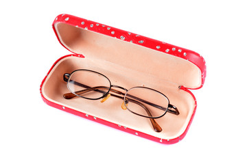Vintage nerd glasses in the leather case over white, clipping path, Classic eyeglasses, Vintage...