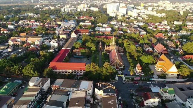 long aerial backsweep from wat phra singh over half of old city