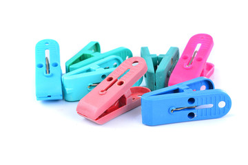 Clothes-peg collection. Set of plastic colorful clothespin isolated on white background