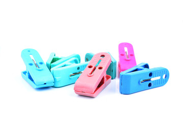 Clothes-peg collection. Set of plastic colorful clothespin isolated on white background
