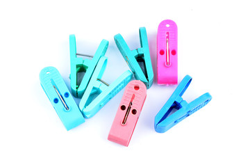 Clothes-peg collection. Set of plastic colorful clothespin isolated on white background