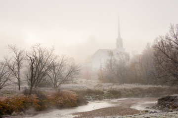 Stowe Community Church on a foggy morning, Stowe, Vermont, USA