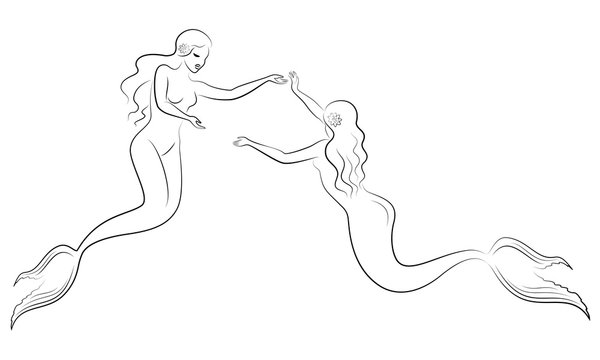 Silhouette of two mermaids. Beautiful girls swim in the water, dance. The lady is young and slim. Fantastic image of a fairy tale. Vector illustration