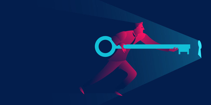 Businessman holding giant key to the keyhole. Solution, open new opportunities or problem solving business concept in red and blue neon gradients