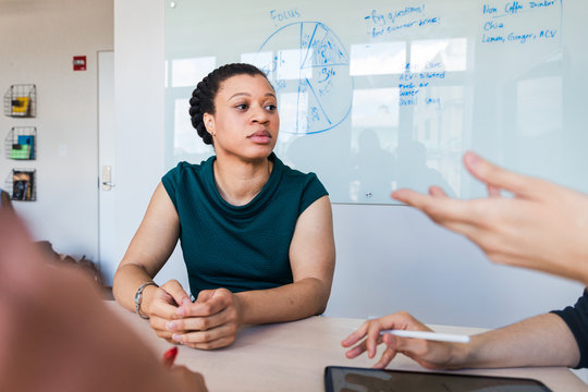 Young businesswoman sitting in front of whiteboard