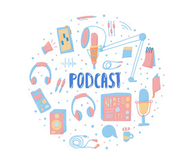 Podcast lettering with decoration. Vector design.