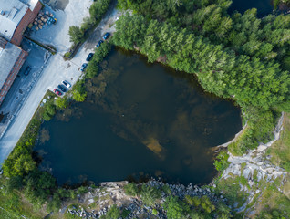 Aerial view of Quarry. Dive site. Famous location for fresh water divers and leisure attraction. Quarry now explored by scuba divers.