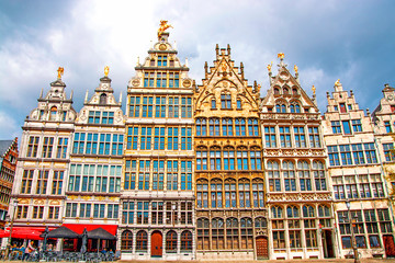 Fototapeta na wymiar Facades of medieval guild houses on Grote Markt square in the old town of Antwerp, Belgium
