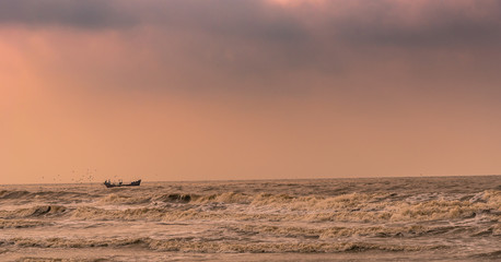 Seascape with Fishing boat and sea Gulls.