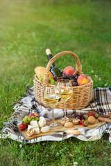 Two glasses of white wine,  cheese, fruits. Picnic, outdoor dinner on a  green lawn