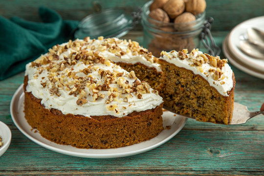 homemade carrot cake with walnut and cream cheese frosting