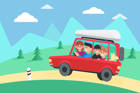 Auto travel flat vector illustration. Happy family with dog riding in automobile cartoon characters. Parents, kids traveling by car, background of mountains and forest. Road trip, tourism and vacation