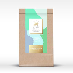 Craft Paper Bag with Minty Chocolate Label. Abstract Vector Packaging Design Layout with Realistic Shadows. Modern Typography, Hand Drawn Mint Branch Silhouette and Colorful Background.