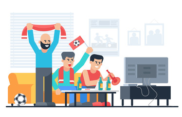Football fans flat vector illustration. Sport fans with soccer attributes cheering for team. Men watching match on TV sitting on home couch and drinking beer. Guys having fun cartoon characters