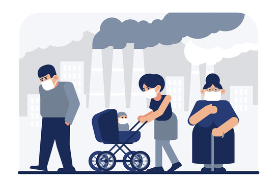 Air pollution flat vector illustration. Residents, sad mom with baby wearing protective medical masks cartoon characters. Factory pipes emitting smoke. Fine dust, industrial smog, pollutant gas