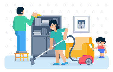 House cleaning flat vector illustration. Father, mother and kid cleaning home together cartoon characters. Housework, housekeeping. Vacuuming, dusting. Cleanup flooring, household dirt removal
