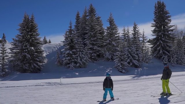 Courchevel France 02.2022: Winter holidays. Snow-covered coniferous forests. Cabins lift on a cable car lift tourists to the tops of snow-capped mountains in the Alps. Freezing sun day Resort