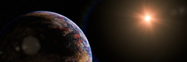 alien lava planet, sunrise over exoplanet