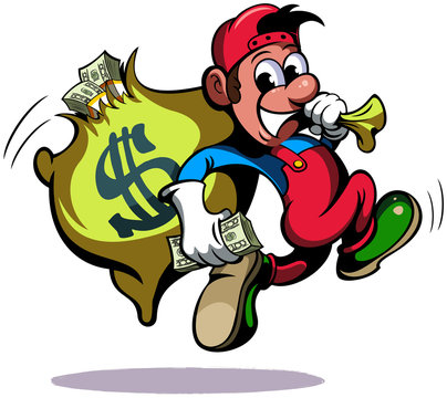 Cartoon style man, running with the bag of money, vector funny cartoon character.