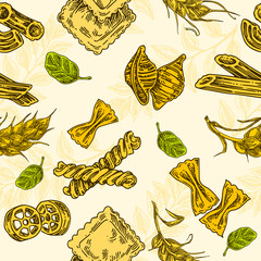 Vintage yellow seamless pattern with different types of pasta and basil leaves. Color. Engraving style. Vector illustration.
