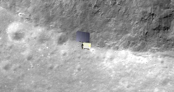 Top-down view of LRO positioning itself and then making a data gathering pass above cratered terrain, Mare Insularum. Elements of this image furnished by NASA