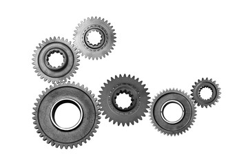 Interlocking metal gears isolated on a white background. Cogwheel industrial background.