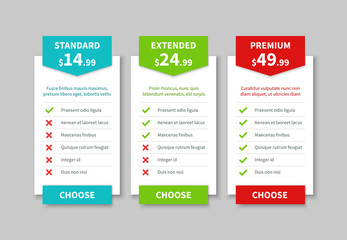 Comparison pricing list. Price plan table, product prices comparative tariff chart. Business infographic option banner vector template